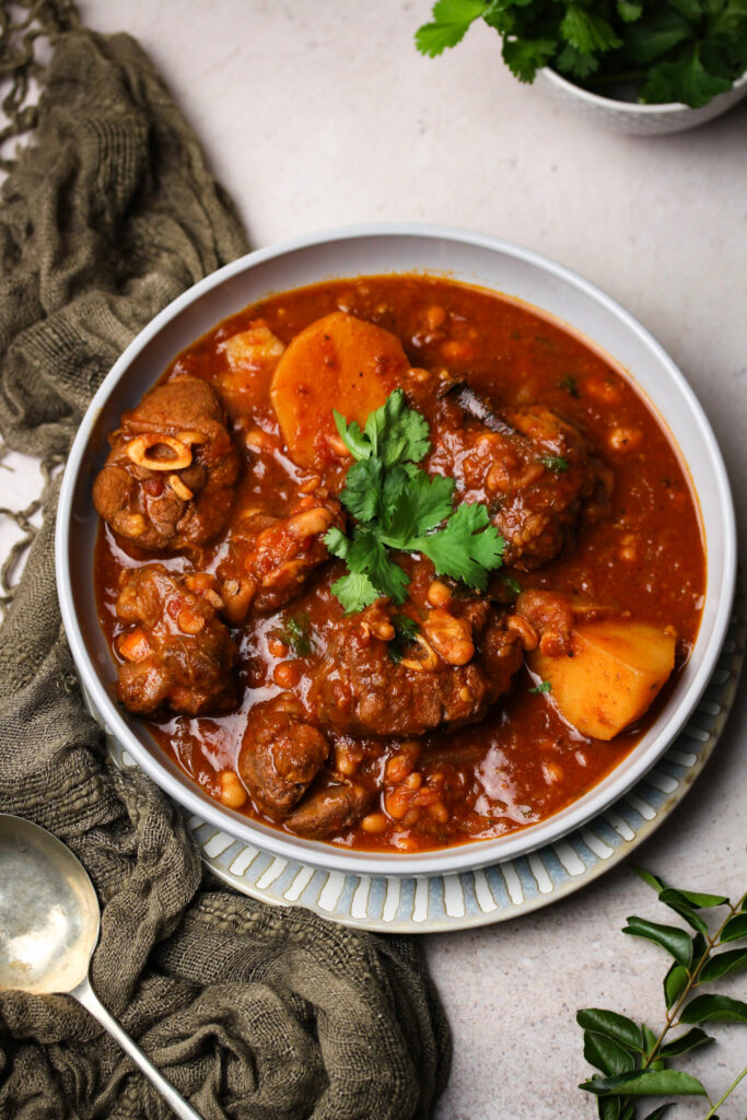 Durban lamb and baked beans curry with potatoes and dhania