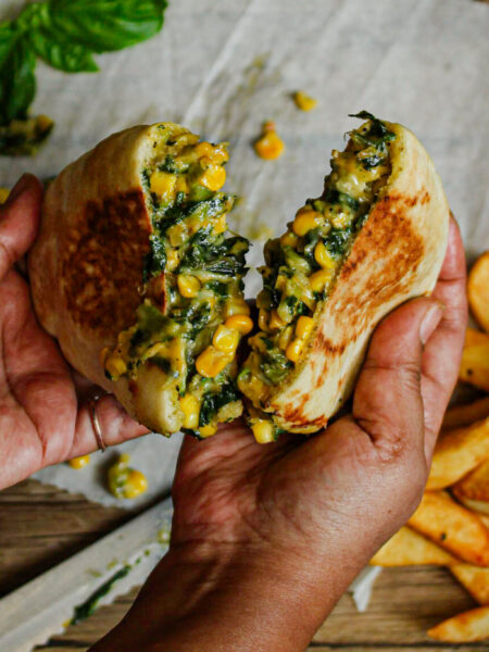 Cheesy spinach and corn pitas toasted until golden