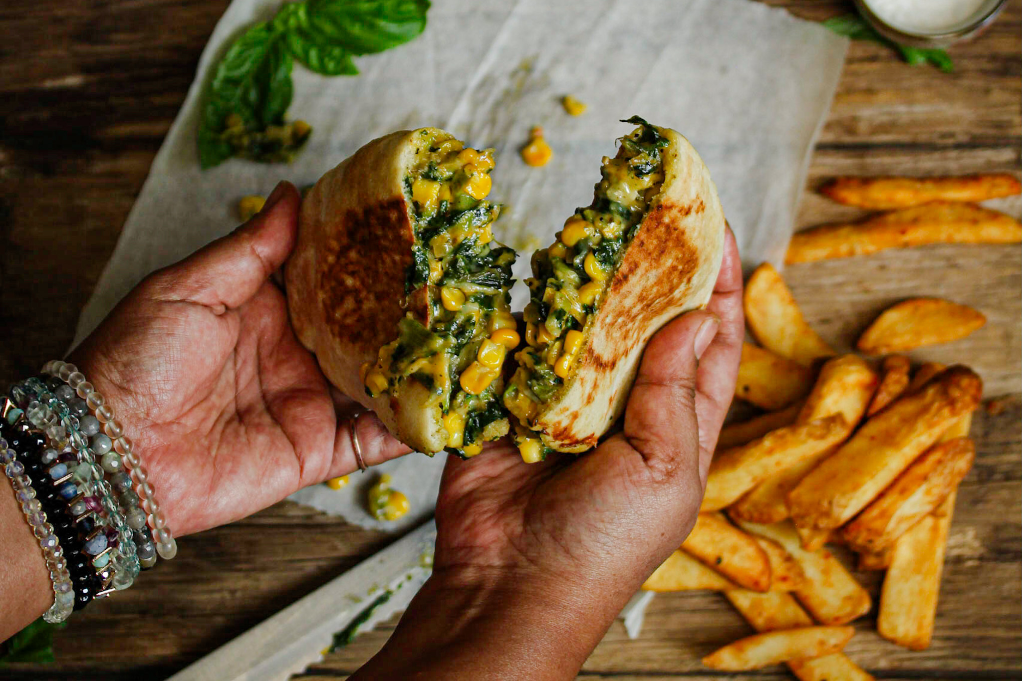 Cheesy spinach and corn pitas toasted until golden