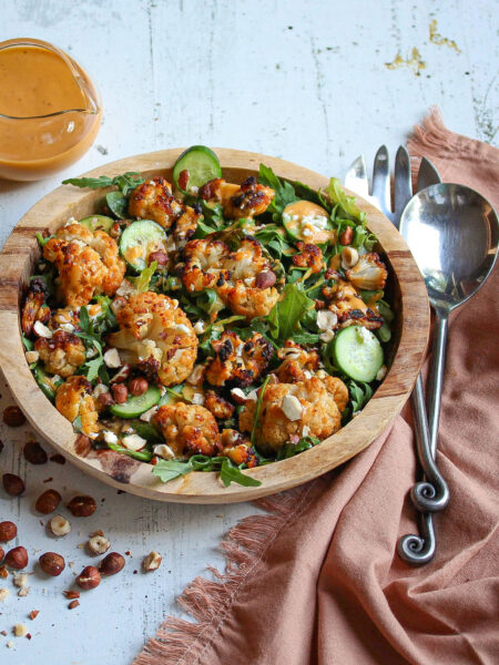 Roasted cauliflower salad with rocket, feta and toasted hazelnuts
