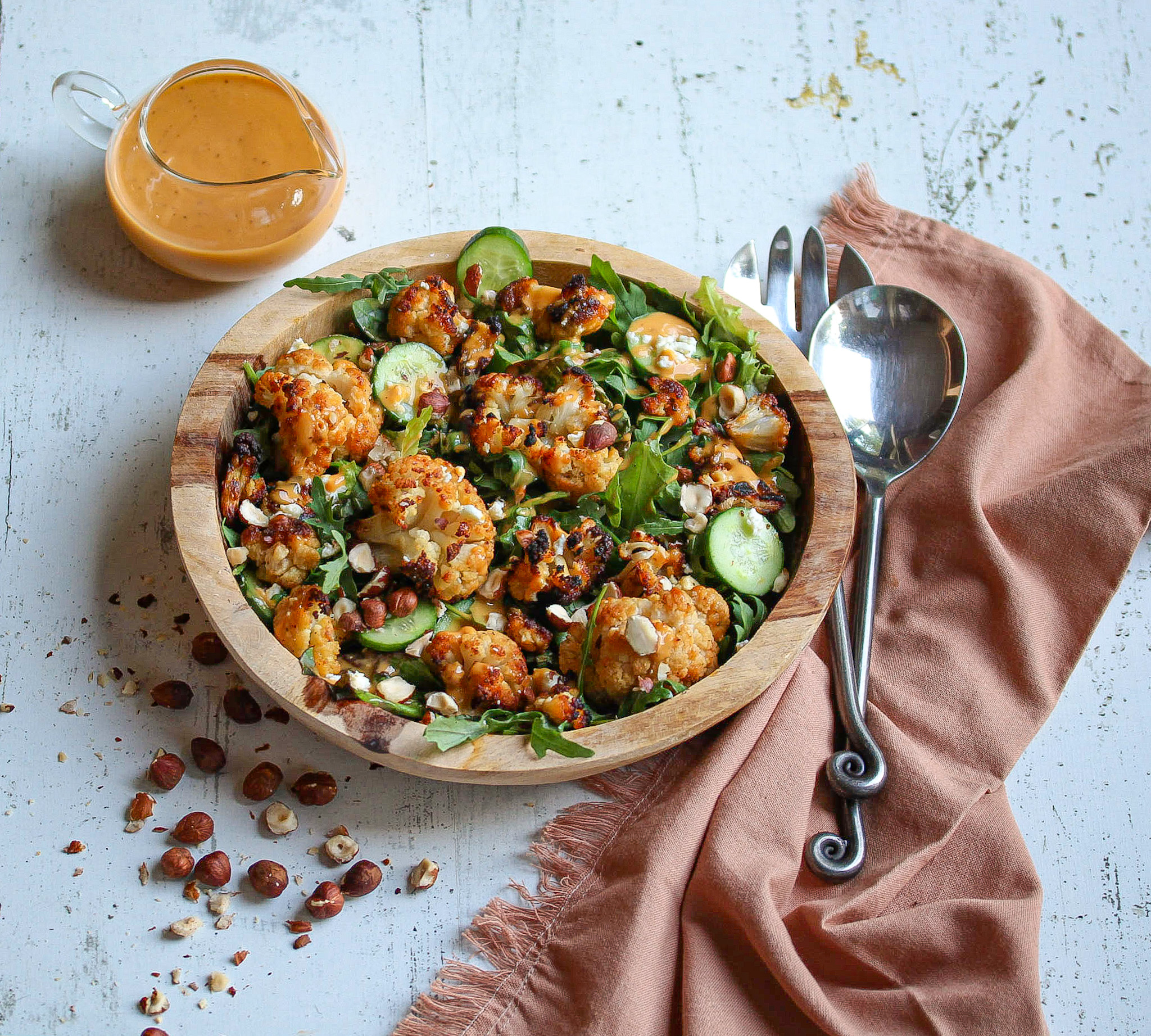 Roasted cauliflower salad with rocket, feta and toasted hazelnuts
