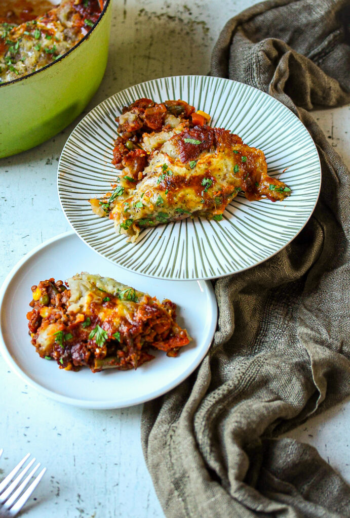 Vegetarian cottage pie with cheesy sweet potato and lentil filling