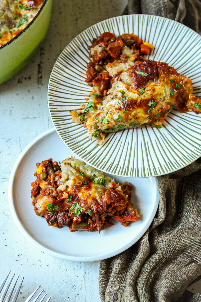 Vegetarian cottage pie with cheesy sweet potato and lentil filling