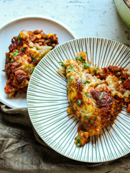 Vegetarian cottage pie with cheesy sweet potato and lentil filling