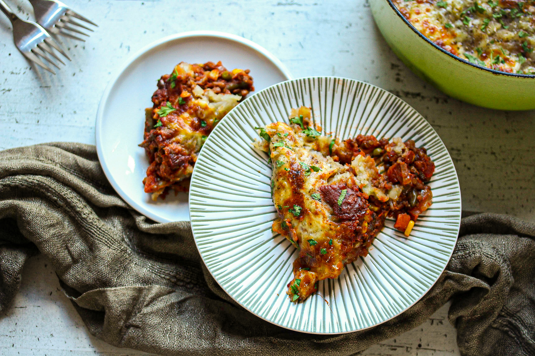 Vegetarian cottage pie with cheesy sweet potato and lentil filling