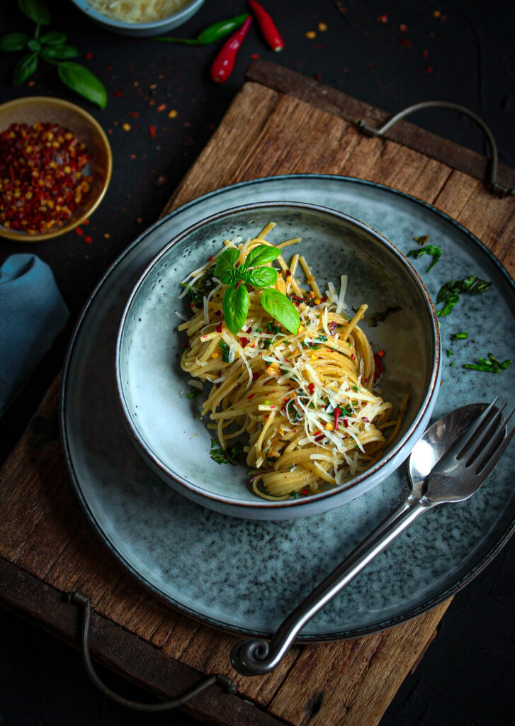 Linguine aglio e olio with garlic, chilli, basil and Parmesan