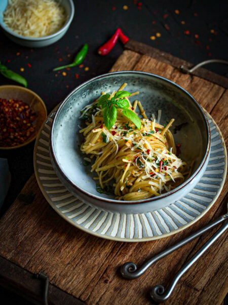 Linguine aglio e olio with garlic, chilli, basil and Parmesan