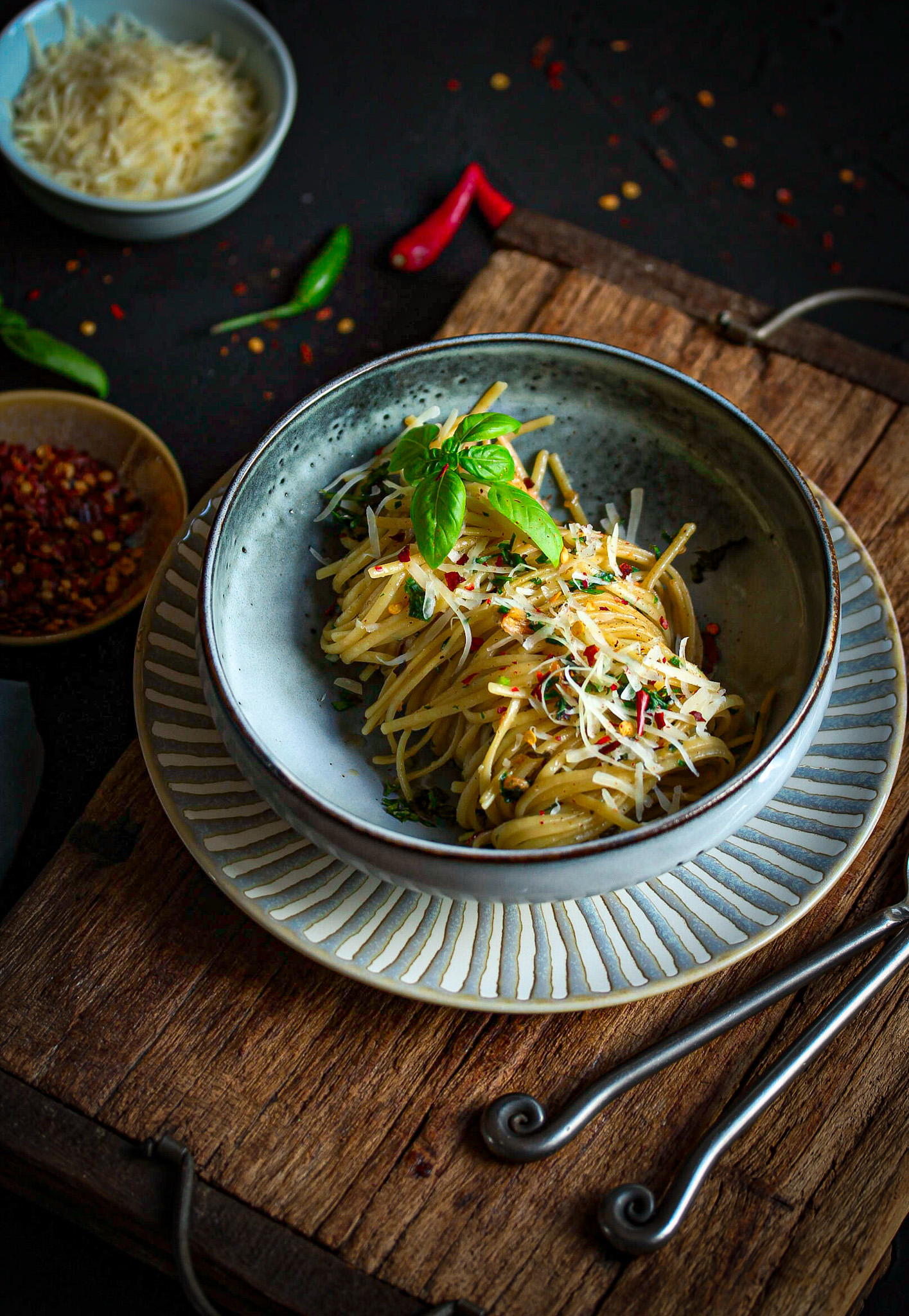 Linguine aglio e olio with garlic, chilli, basil and Parmesan