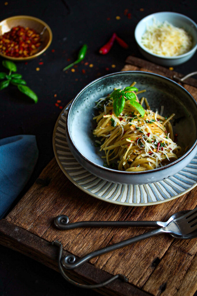 Linguine aglio e olio with garlic, chilli, basil and Parmesan