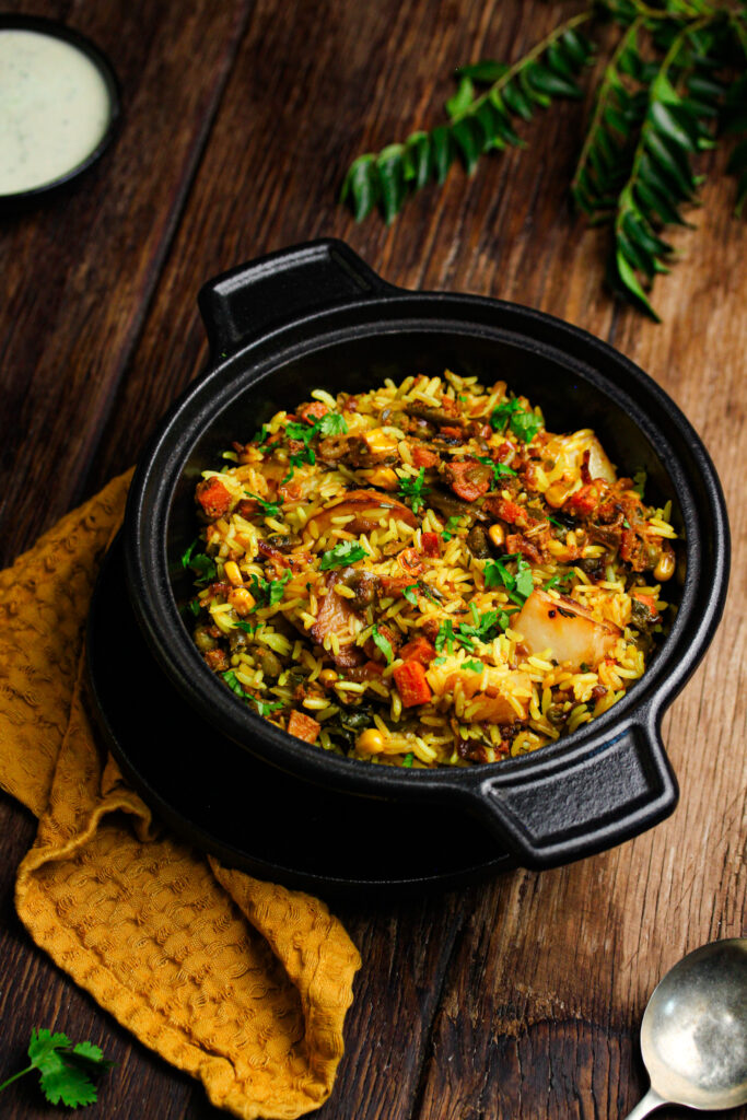 South African Indian easy vegetable biryani with fragrant rice and vegetables