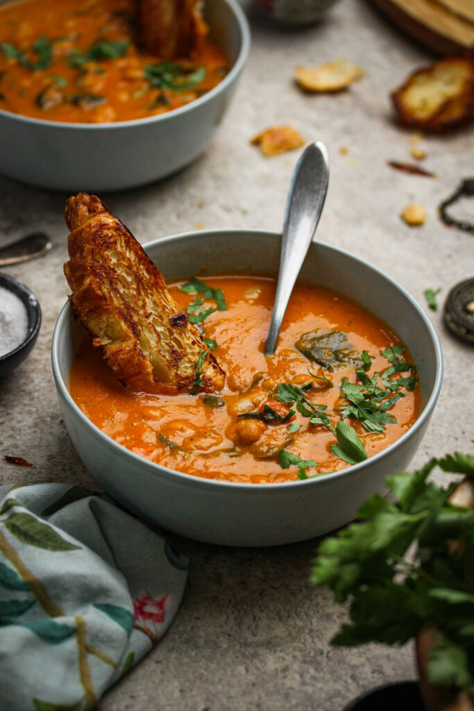 Roasted tomato and white bean soup with spinach