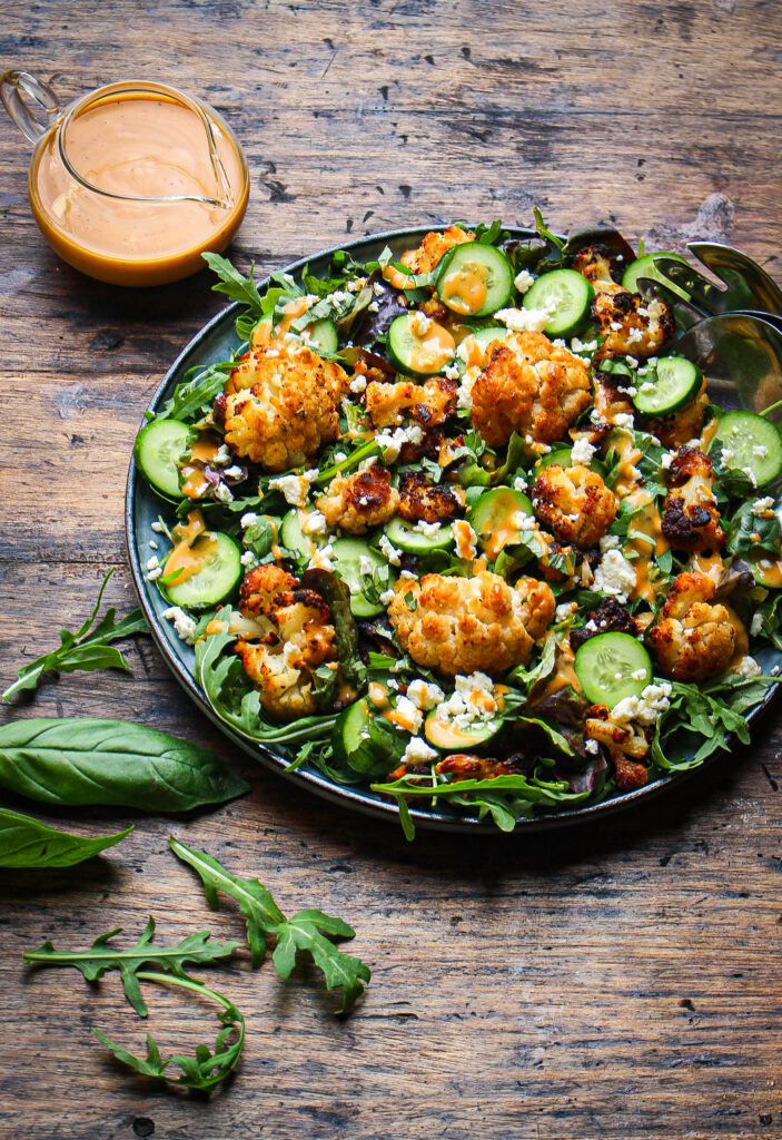 Roasted cauliflower and hazelnut salad with cucumber and feta

