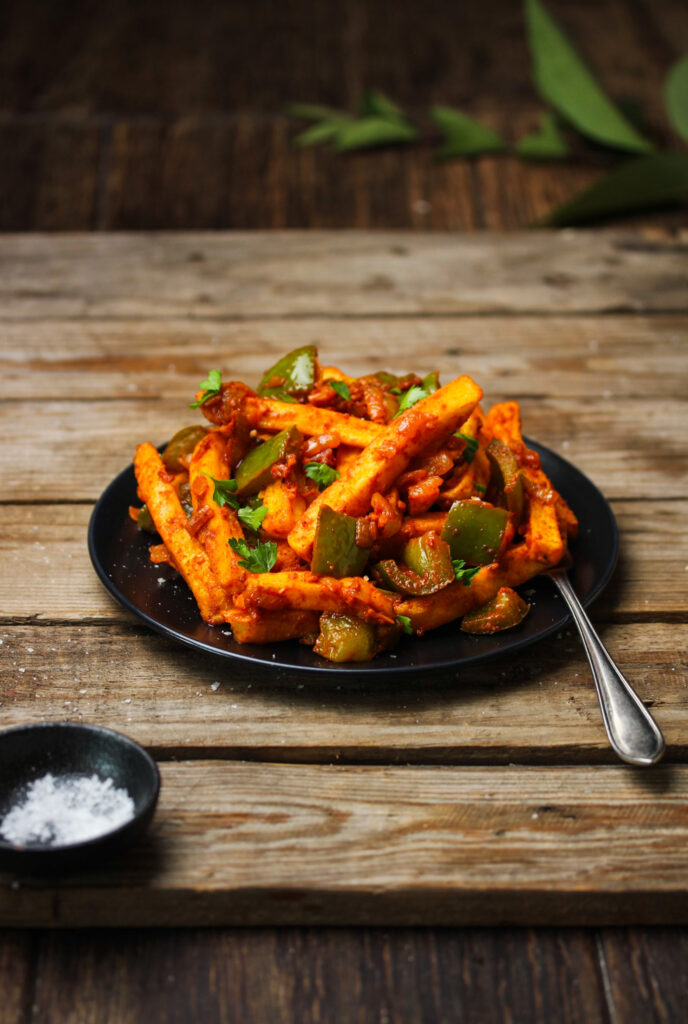 Homemade masala fries in a thick spicy sauce