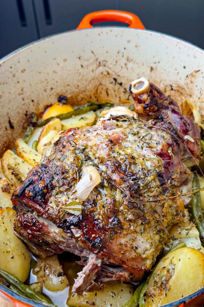 Delicious and juicy one pot leg of lamb.